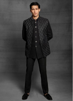 Party Wear Jacket Style Jodhpuri Suit In Black Color