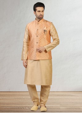 Peach Color Nehru Jacket Set For Mens Wear