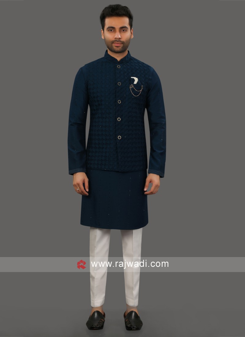 Peacock Blue Nehru Jacket Set For Wedding