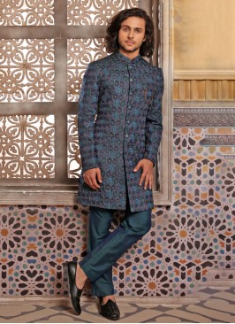 Peacock Blue Thread Embroidred Indowestern