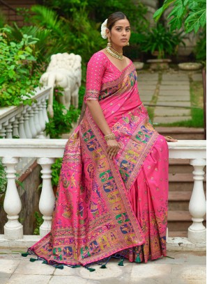 Pink Banarasi Woven Silk Saree