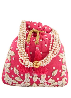 Pink Festive Potli Bag In Art Silk With Motif Embroidery