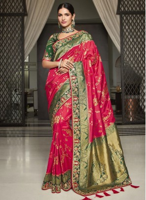 Deep Pink and Green Wedding Silk Saree