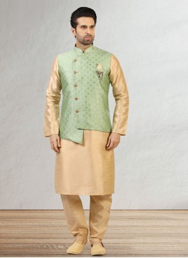 Pista Green Color Nehru Jacket Set In Brocade Fabric