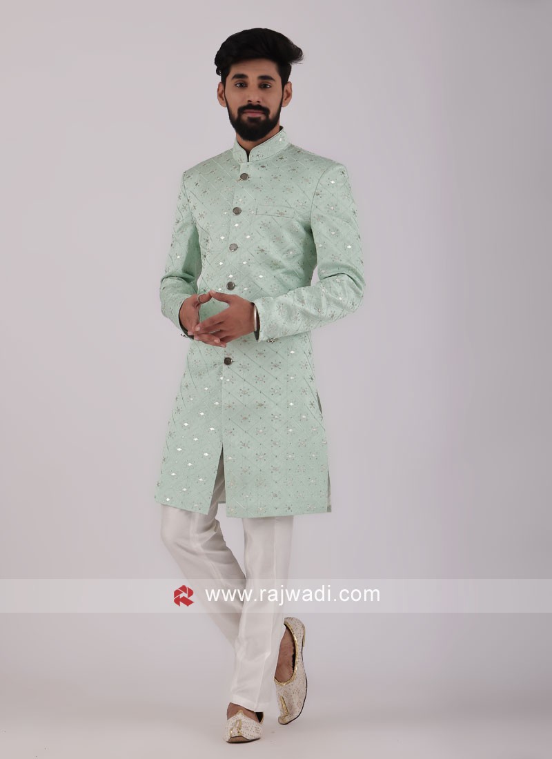 Pista Green Indowestern Set In Art Silk With Embroidered Geometric Design