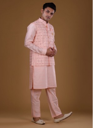 Plastic Mirror Work Nehru Jacket Suit In Peach Color