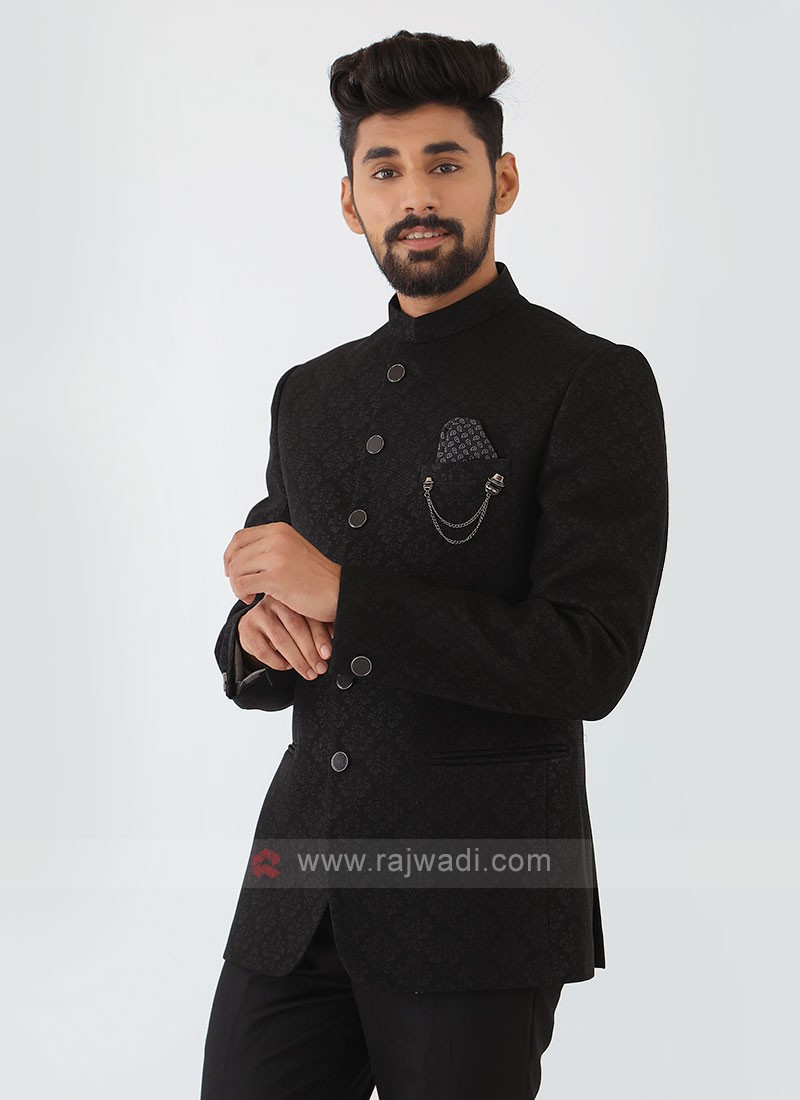 Printed Black Jodhpuri Suit