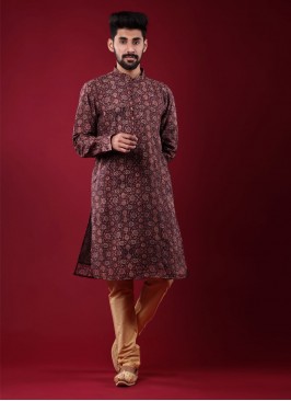 Printed Kurta Pajama In Brown Color