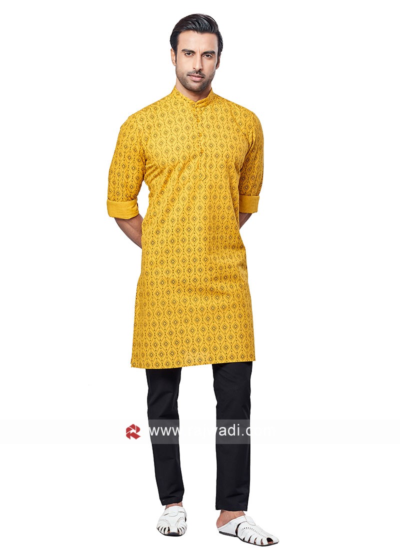 Printed Kurta Pajama In Yellow Color