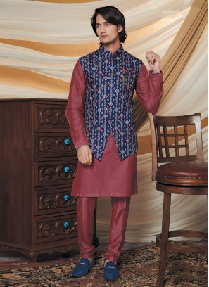 Printed Nehru Jacket Suit In Maroon And Blue Color