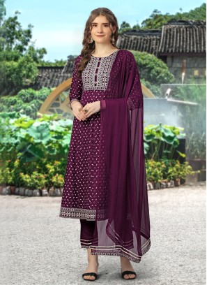 Purple Pant Style Salwar Kameez with Matching Dupatta