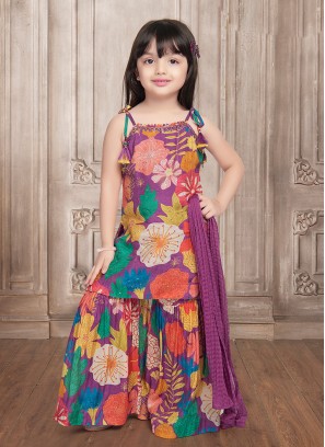 Purple Silk Floral Print Embellished Sharara Suit