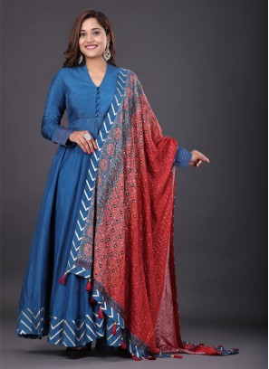 Rama Blue Anarkali Suit In Raw Silk Fabric