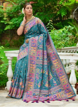 Rama Blue Banarasi Silk Saree For Festive Wear