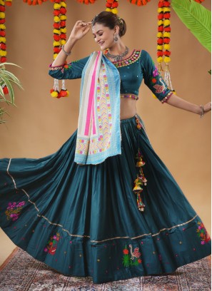 Rama Blue Mirror Embroidered Cotton Silk Chaniya Choli