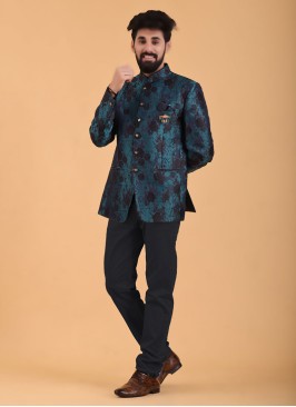 Rama Color Jodhpuri Suit In Silk Fabric