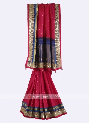Rani and dark blue color pure silk saree