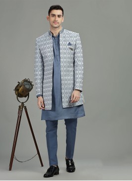 Readymade Sky Blue Jacket Style Indowestern Set