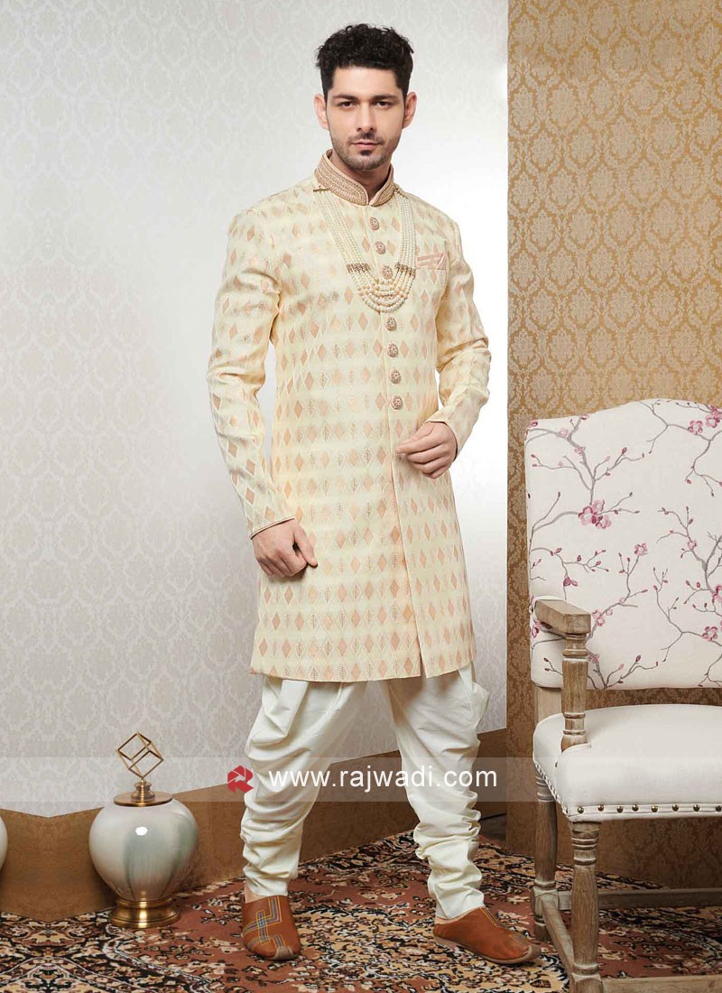 Indo Western Dress For Men Cream Gold RKL-4456-154721 Men Reception Dress –  iBuyFromIndia
