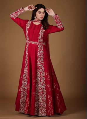 Red Embroidered Raw Silk Designer Anarkali Suit
