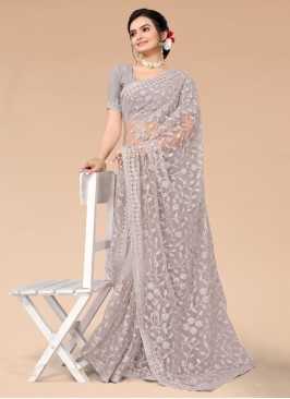 Resham Work Grey Color Designer Saree