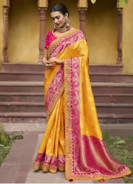 Yellow and Pink Designer Silk Saree