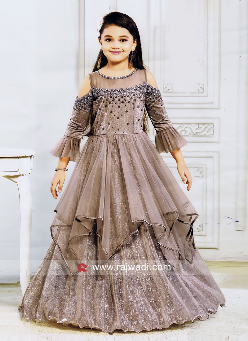 Satin and Net Cold Shoulder Gown for Girls