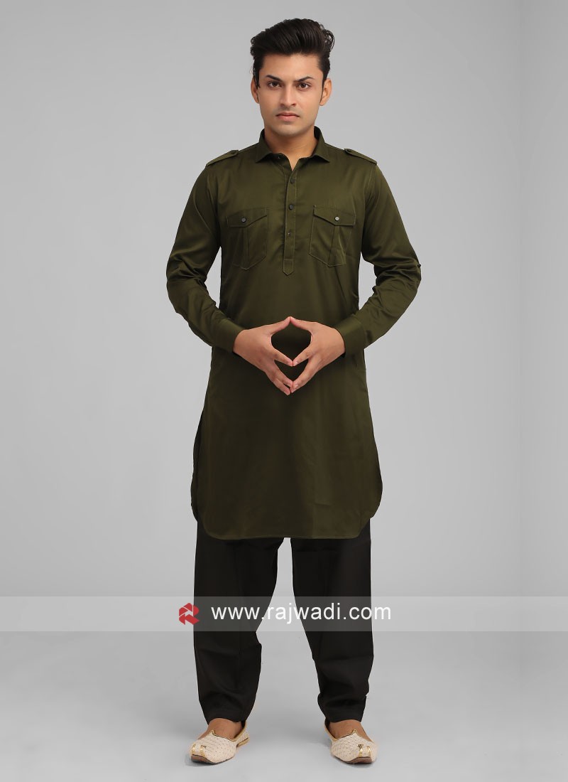 Satin Silk Pathani Suit For Men In Green And Black Color.