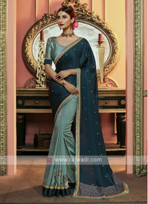 Satin Silk Saree In Peacock Blue Color