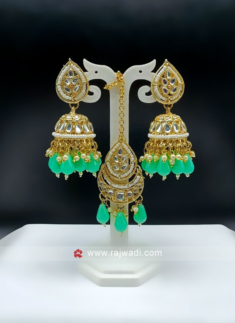 Sea Green & Gold Jhumka Earrings For Women