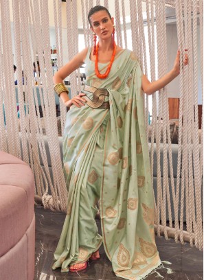 Pista Green Woven Designer Silk Saree