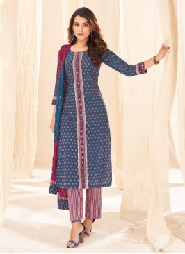 Shagufta Printed Pant Style Suit In Blue Color