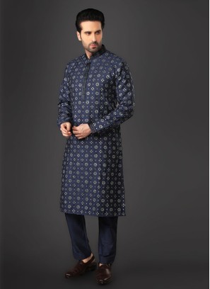 Silk Fabric Kurta Pajama In Navy Blue Color