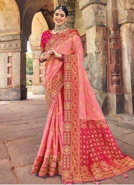 Pink Gajji Satin Silk Woven Saree
