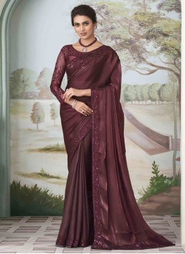 Gorgeous Wine Sequins Embellished Silk Saree