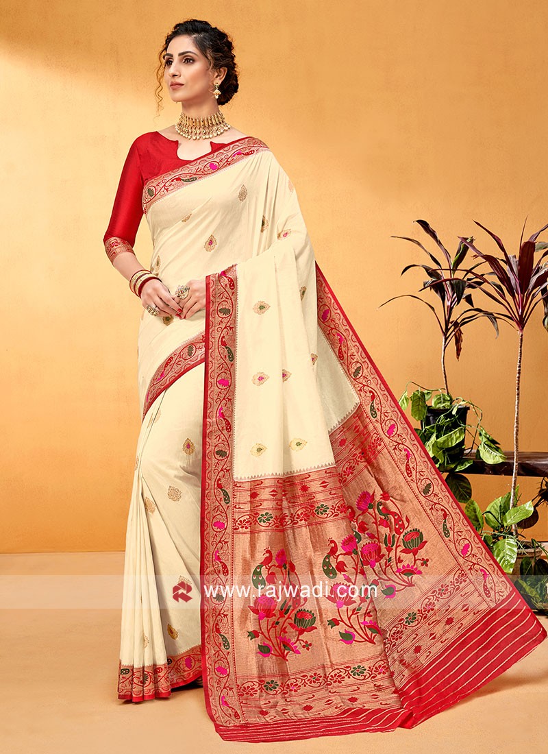 Simple And Sober Off-White And Red Banarasi silk Saree