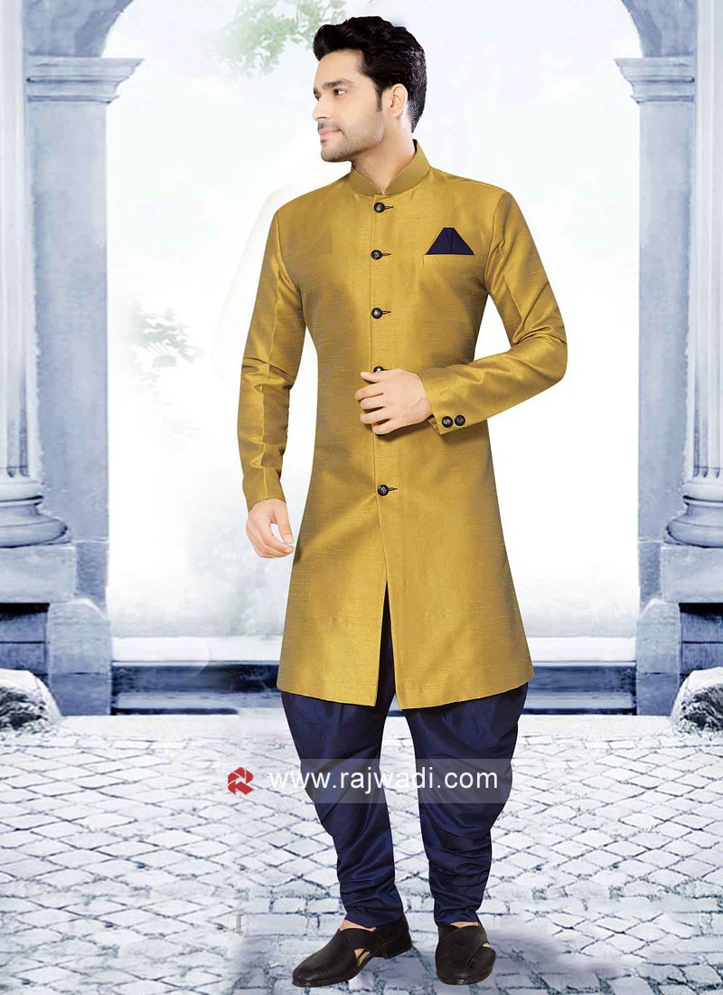 Simple Yellow And Blue Indowestern For Men