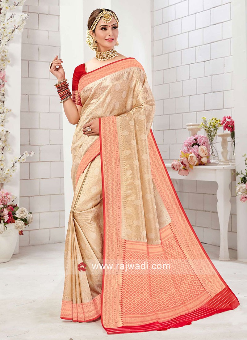 Sophisticated Golden Cream And Red Color Banarasi Silk Saree