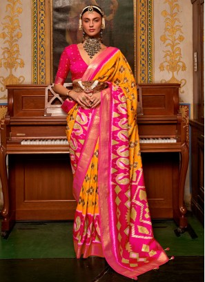 Splendid Pink and Yellow Patola Silk Saree