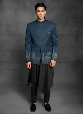 Stylish Imported Jodhpuri Suit In Peacock Blue