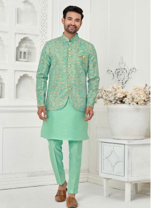 Stylish Sea Green Printed Nehru Jacket Set