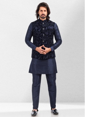 Stylish Thread Work Nehru Jacket Set In Navy Blue