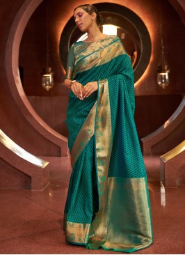 Wedding Wear Green Handloom Silk Woven Saree