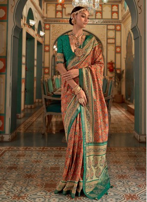 Orange and Green Patola Silk Designer Saree