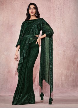 Swanky Lycra Sequins Green Contemporary Saree