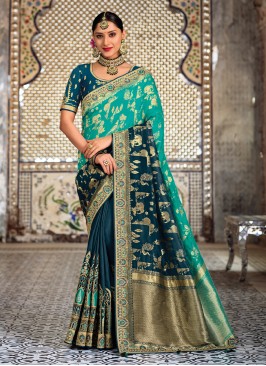 Teal and Turquoise Weaving Wedding Shaded Saree