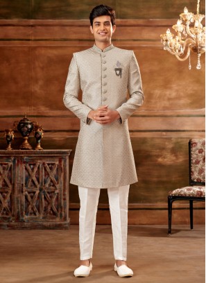 Thread Embroidered Men Sherwani In Light Grey Color