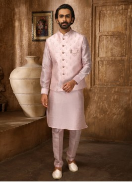 Thread Embroidered Nehru Jacket Set In Pink Color