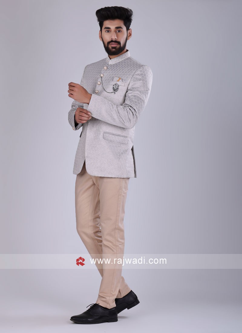 Thread Work Jodhpuri Suit In Grey Color