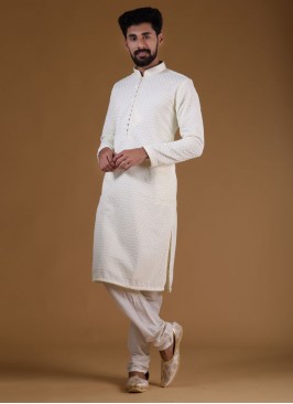 Thread Work Kurta Pajama In Off-White Color